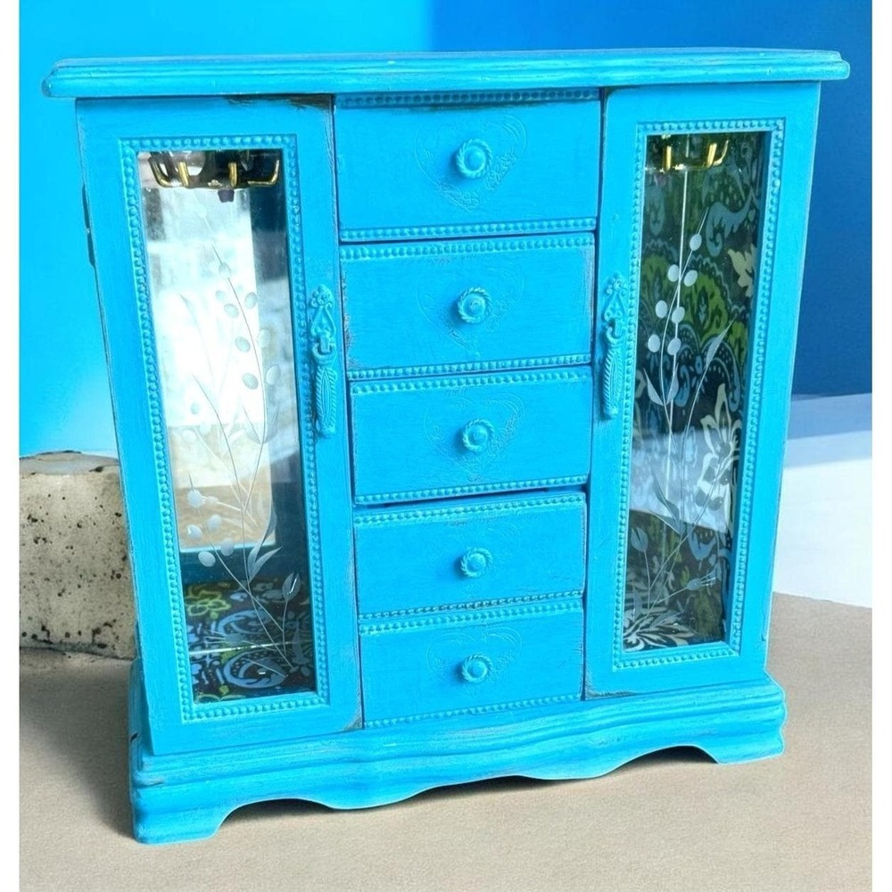 Upcycled Shabby Chic Turquoise Vintage Wood Jewelry Box Chest Armoire 5 Drawer